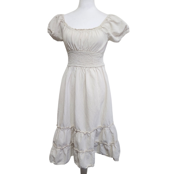 💐Vtg Cottagecore Dress MED Cream Midi Smocked Milk Maid Prairie Boho Peasant - Picture 2 of 14